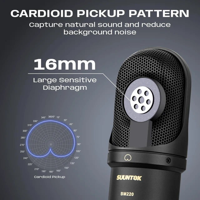Alt view image 3 of 7 - SUUNTOK XLR Condenser Microphone, Recording Microphone with Shock Mount, Home Studio Mic Kit for Voice-Over, Streaming, ASMR, You-Tube Live, Content Creation (Black)