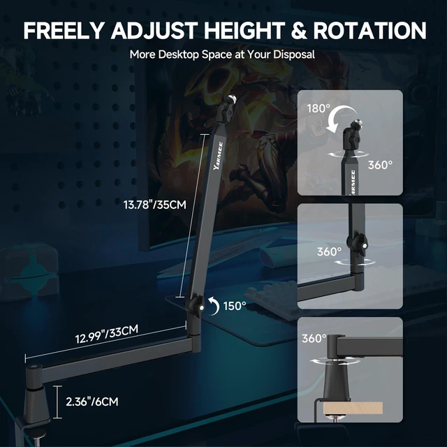 Alt view image 4 of 6 - YARMEE Mic Arm with 3.95" Extension Rod, Low Profile Mic Stand, Cable Management, 360° Rotatable Boom Arm with C-Clamp, 3/8" to 5/8" Metal Screw