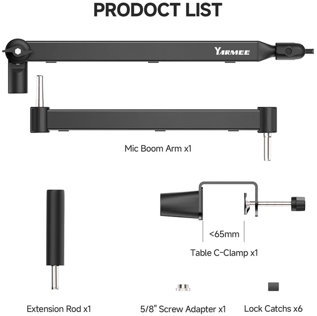 Alt view image 6 of 6 - YARMEE Mic Arm with 3.95" Extension Rod, Low Profile Mic Stand, Cable Management, 360° Rotatable Boom Arm with C-Clamp, 3/8" to 5/8" Metal Screw