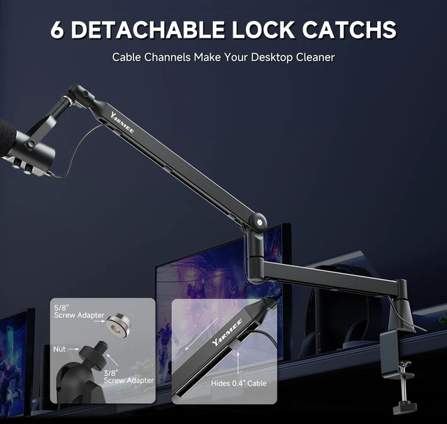 Alt view image 2 of 6 - YARMEE Mic Arm with 3.95" Extension Rod, Low Profile Mic Stand, Cable Management, 360° Rotatable Boom Arm with C-Clamp, 3/8" to 5/8" Metal Screw
