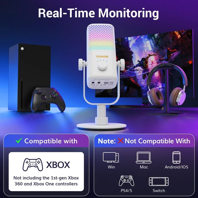 Alt view image 3 of 7 - TONOR Gaming Microphone Compatible with Xbox, RGB Condenser Streaming Mic, Low Noise, Gain Control, One Tap Mute, Compatible with Capture Card, 200 cm/78inch Cable, Desktop Stand, White, TCX3