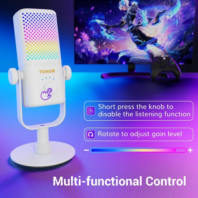 Alt view image 7 of 7 - TONOR Gaming Microphone Compatible with Xbox, RGB Condenser Streaming Mic, Low Noise, Gain Control, One Tap Mute, Compatible with Capture Card, 200 cm/78inch Cable, Desktop Stand, White, TCX3