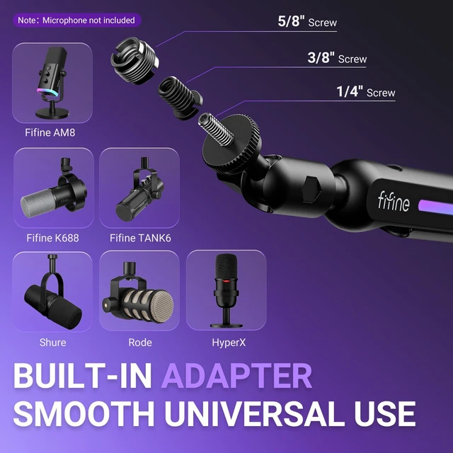 Alt view image 6 of 7 - FIFINE BM88Pro RGB Low Profile Microphone Boom Arm for Gaming Streaming | Adjustable Mic Stand, Controllable RGB, Desk Mount Clamp, Cable Management, Screw Adapter