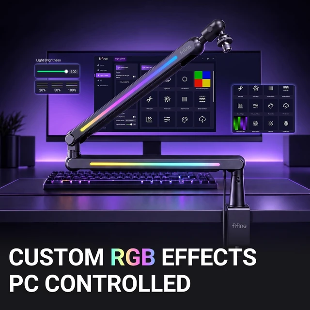 Alt view image 4 of 7 - FIFINE BM88Pro RGB Low Profile Microphone Boom Arm for Gaming Streaming | Adjustable Mic Stand, Controllable RGB, Desk Mount Clamp, Cable Management, Screw Adapter