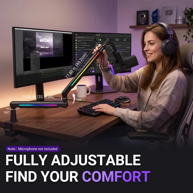 Alt view image 5 of 7 - FIFINE BM88Pro RGB Low Profile Microphone Boom Arm for Gaming Streaming | Adjustable Mic Stand, Controllable RGB, Desk Mount Clamp, Cable Management, Screw Adapter