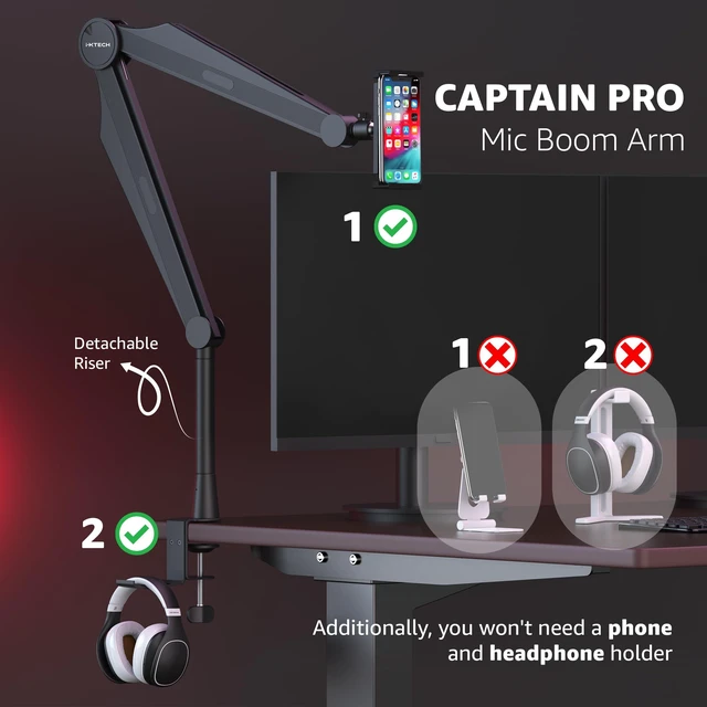 Alt view image 3 of 7 - IXTECH Mic Boom Arm Microphone Arm for Blue Yeti Shure Sm7b Hyperx QuadCast Rode At2020 and Fifine Upgraded Mic Stand with Tablet and Headphone Holder for Gaming Podcasting and Streaming CAPTAIN PRO