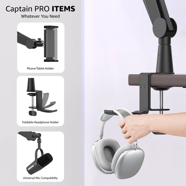 Alt view image 6 of 7 - IXTECH Mic Boom Arm Microphone Arm for Blue Yeti Shure Sm7b Hyperx QuadCast Rode At2020 and Fifine Upgraded Mic Stand with Tablet and Headphone Holder for Gaming Podcasting and Streaming CAPTAIN PRO