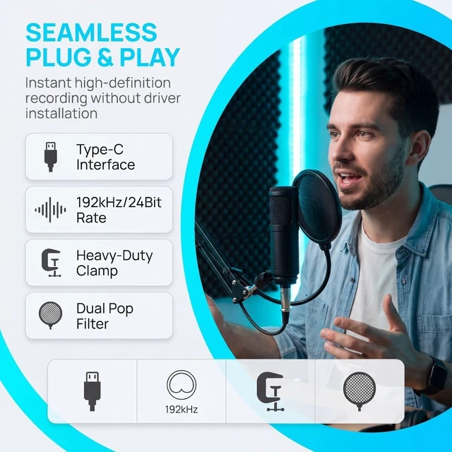 Alt view image 7 of 7 - USB-800 Podcast Microphone Kit,Vocal Condenser Microphone for Content Creators,USB Mic for PC with Adjustable Stend,Gaming mic with a pop Filter and Shock Mount, for Podcasting,Streaming, Recording