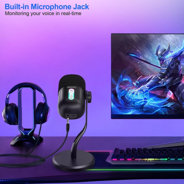 Alt view image 4 of 7 - MOERTEK USB Microphone for PC, Cardioid Condenser Microphone with Active Noise Cancellation, Quick Mute, Built-in Headphone Jack, Gaming Mic with Table Stand, for Live Streaming, Instruments, Podcast