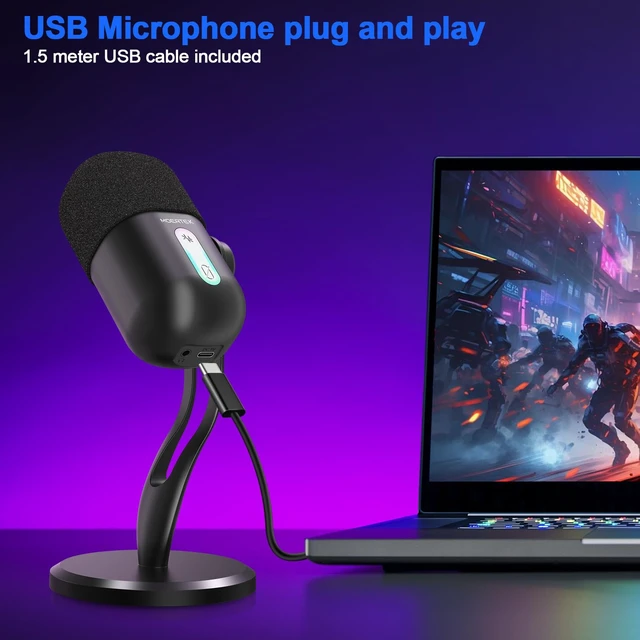Alt view image 5 of 7 - MOERTEK USB Microphone for PC, Cardioid Condenser Microphone with Active Noise Cancellation, Quick Mute, Built-in Headphone Jack, Gaming Mic with Table Stand, for Live Streaming, Instruments, Podcast