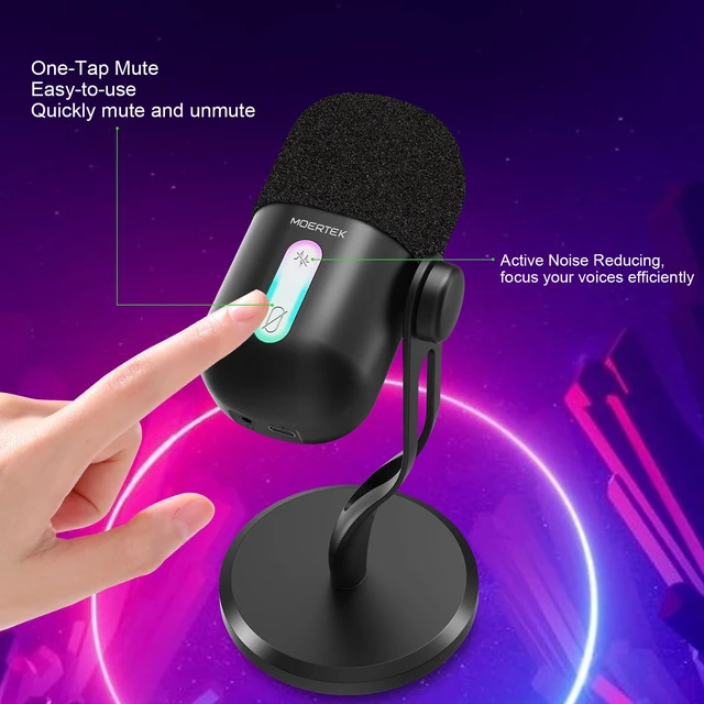 Alt view image 7 of 7 - MOERTEK USB Microphone for PC, Cardioid Condenser Microphone with Active Noise Cancellation, Quick Mute, Built-in Headphone Jack, Gaming Mic with Table Stand, for Live Streaming, Instruments, Podcast