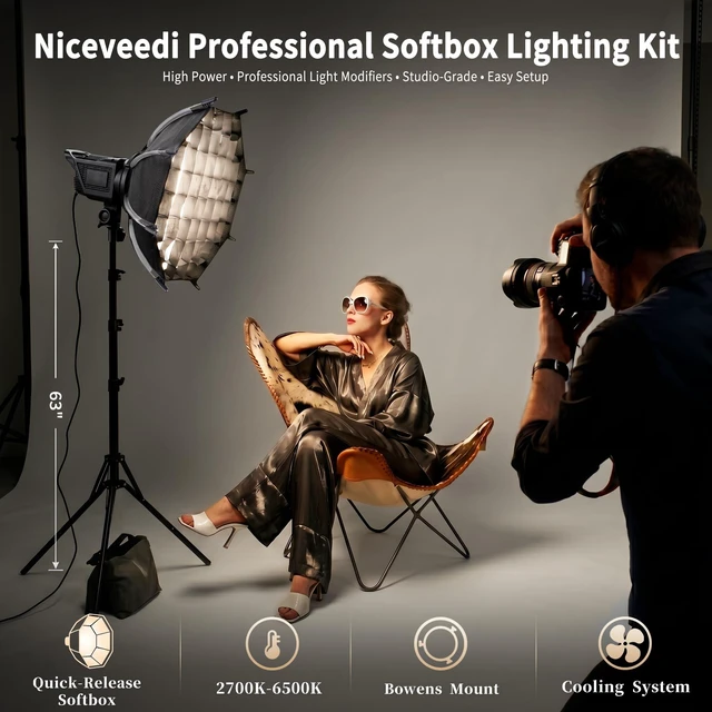 Alt view image 2 of 7 - Niceveedi Softbox Lighting Kit, 2700-6500K LED Photography Lighting with 18 Quick-Release Softbox/Bowens Mount/Cooling System/Remote/Tripod, Video Light for Video Recording/Streaming/Portraits