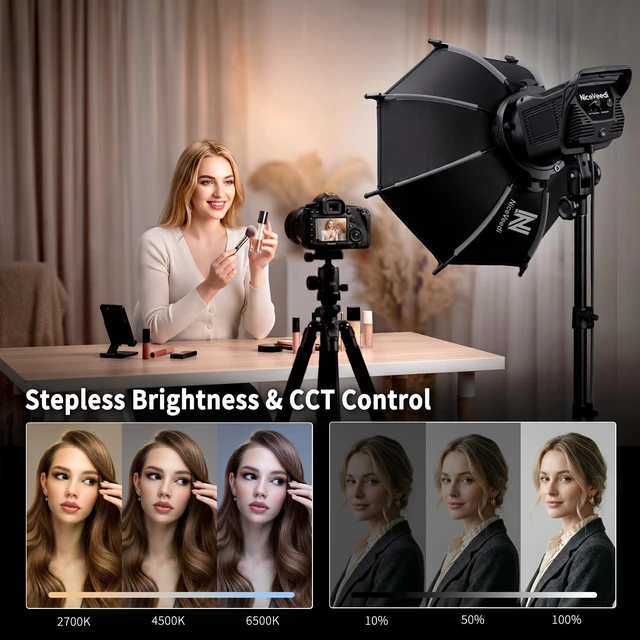 Alt view image 3 of 7 - Niceveedi Softbox Lighting Kit, 2700-6500K LED Photography Lighting with 18 Quick-Release Softbox/Bowens Mount/Cooling System/Remote/Tripod, Video Light for Video Recording/Streaming/Portraits