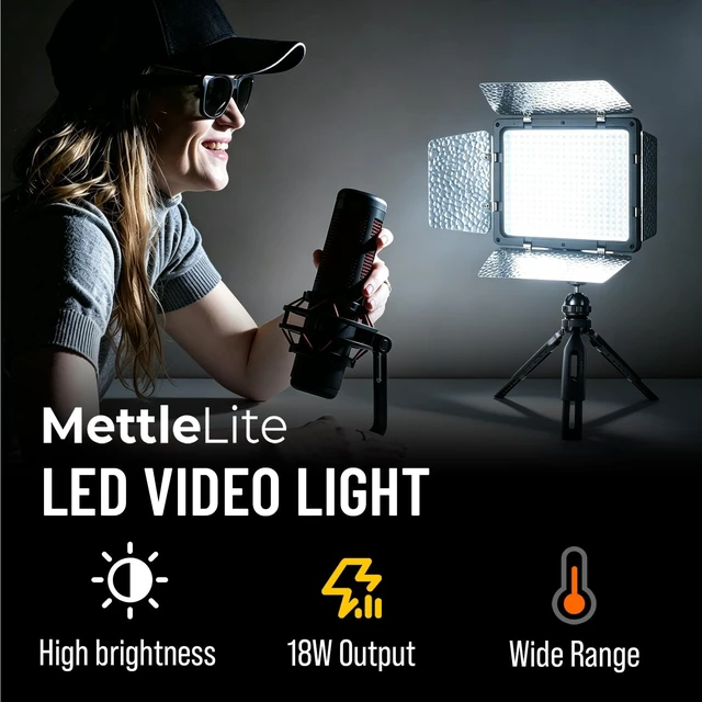 Alt view image 2 of 7 - Mettlelite VL-300B 18W Ultra Bright LED Video Light with Barndoor & Mini Tripod, Cold & Warm Color Filters Stepless Dimming CRI 95+ Portable Studio Lighting for Photo Video & Streaming