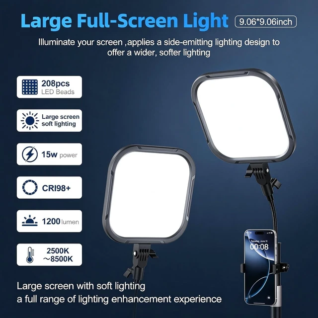 Alt view image 2 of 7 - EMART Desktop Gooseneck Video Conference Lighting, Dimmable 2500-8500k | 9.09 in Square Large LED Panel Lamp for Desk with Phone Holder ,USB Flicker-Free for Podcast & Streaming ,Zoom Ring Light