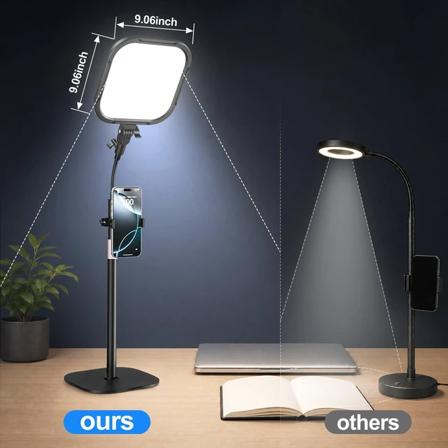 Alt view image 3 of 7 - EMART Desktop Gooseneck Video Conference Lighting, Dimmable 2500-8500k | 9.09 in Square Large LED Panel Lamp for Desk with Phone Holder ,USB Flicker-Free for Podcast & Streaming ,Zoom Ring Light