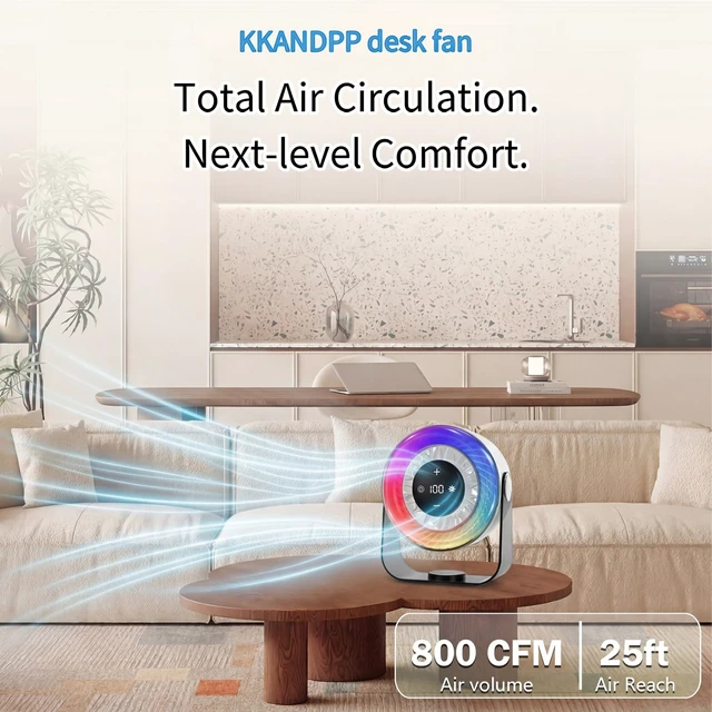 Alt view image 4 of 7 - Desk Fan for Bedroom,Quiet Rechargeable Colored LED Light Table Fan | 100 Speed Digital Display USB Rechargeable Desktop Fan,Light up Personal Fans For Home Office Camping Traveling Make Up,White