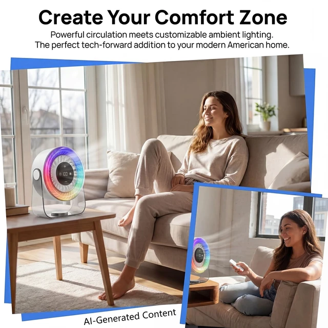Alt view image 5 of 7 - Desk Fan for Bedroom,Quiet Rechargeable Colored LED Light Table Fan | 100 Speed Digital Display USB Rechargeable Desktop Fan,Light up Personal Fans For Home Office Camping Traveling Make Up,White