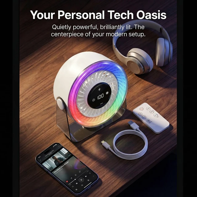 Alt view image 6 of 7 - Desk Fan for Bedroom,Quiet Rechargeable Colored LED Light Table Fan | 100 Speed Digital Display USB Rechargeable Desktop Fan,Light up Personal Fans For Home Office Camping Traveling Make Up,White
