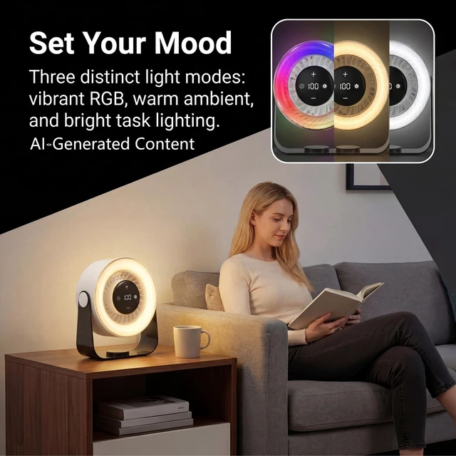Alt view image 7 of 7 - Desk Fan for Bedroom,Quiet Rechargeable Colored LED Light Table Fan | 100 Speed Digital Display USB Rechargeable Desktop Fan,Light up Personal Fans For Home Office Camping Traveling Make Up,White