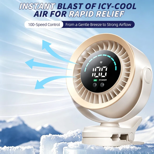 Alt view image 3 of 7 - duludulu Portable Clip on Fan, Rechargeable USB Desk Fan with Turbo Airflow, 100 Speeds LED Display, 360° Rotation, Small Quiet Battery Powered Fan for Stroller Outdoor Travel Camping Golf Cart, White