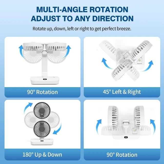 Alt view image 3 of 7 - Morelax Dual Head Desk Fan with LED Light, USB Rechargeable Portable Oscillating Fan, Quiet Desktop & Wall-Mounted Fan, Tower Fan, Multi-Angle Rotation, 4 Speeds, for Bedroom, Home, Office, Camping