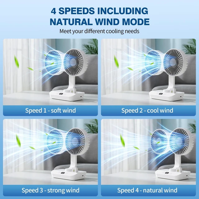 Alt view image 4 of 7 - Morelax Dual Head Desk Fan with LED Light, USB Rechargeable Portable Oscillating Fan, Quiet Desktop & Wall-Mounted Fan, Tower Fan, Multi-Angle Rotation, 4 Speeds, for Bedroom, Home, Office, Camping