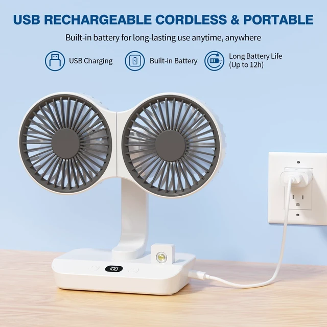 Alt view image 7 of 7 - Morelax Dual Head Desk Fan with LED Light, USB Rechargeable Portable Oscillating Fan, Quiet Desktop & Wall-Mounted Fan, Tower Fan, Multi-Angle Rotation, 4 Speeds, for Bedroom, Home, Office, Camping