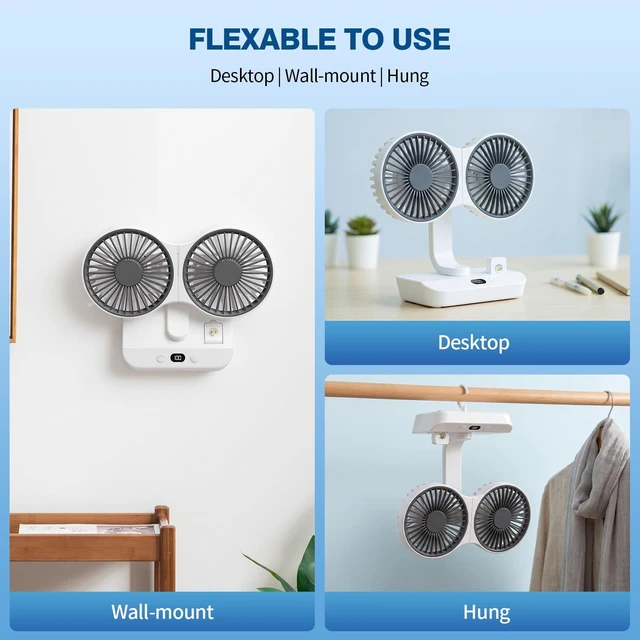 Alt view image 5 of 7 - Morelax Dual Head Desk Fan with LED Light, USB Rechargeable Portable Oscillating Fan, Quiet Desktop & Wall-Mounted Fan, Tower Fan, Multi-Angle Rotation, 4 Speeds, for Bedroom, Home, Office, Camping