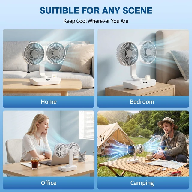 Alt view image 6 of 7 - Morelax Dual Head Desk Fan with LED Light, USB Rechargeable Portable Oscillating Fan, Quiet Desktop & Wall-Mounted Fan, Tower Fan, Multi-Angle Rotation, 4 Speeds, for Bedroom, Home, Office, Camping