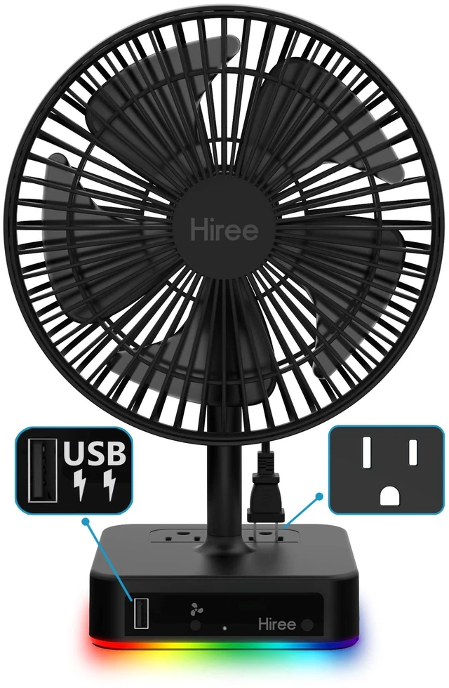 Main image of Hiree Desk Fan with USB Charging Port, 6.7 Inch 2 Speeds Small Desktop Table Fan with USB Charger, AC Outlet and LED Light, Strong Wind, Quiet Operation - Suitable for Bedroom, Home, Dorm Room