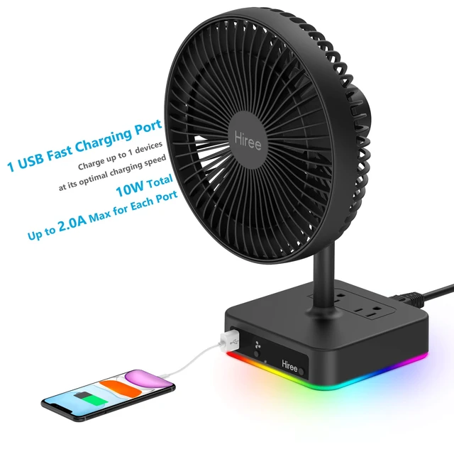 Alt view image 3 of 7 - Hiree Desk Fan with USB Charging Port, 6.7 Inch 2 Speeds Small Desktop Table Fan with USB Charger, AC Outlet and LED Light, Strong Wind, Quiet Operation - Suitable for Bedroom, Home, Dorm Room