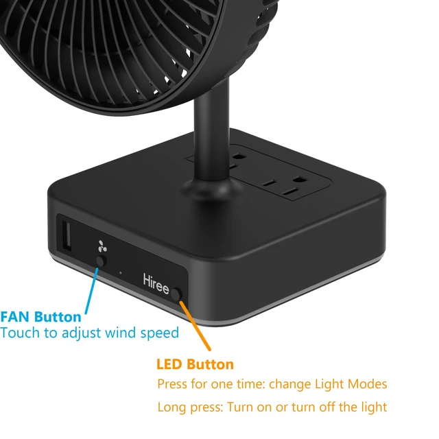 Alt view image 5 of 7 - Hiree Desk Fan with USB Charging Port, 6.7 Inch 2 Speeds Small Desktop Table Fan with USB Charger, AC Outlet and LED Light, Strong Wind, Quiet Operation - Suitable for Bedroom, Home, Dorm Room