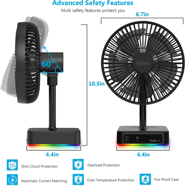 Alt view image 6 of 7 - Hiree Desk Fan with USB Charging Port, 6.7 Inch 2 Speeds Small Desktop Table Fan with USB Charger, AC Outlet and LED Light, Strong Wind, Quiet Operation - Suitable for Bedroom, Home, Dorm Room