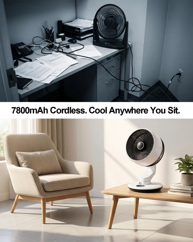 Alt view image 2 of 7 - Desk Fan for Bedroom Air Circulator, Battery Powered Tabletop Fan, White | 7800mAh Battery Rechargeable, Cordless, 30dB Ultra-Quiet, 120° Oscillating & 90° Adjustable Tilt, Type-C USB, Wall Mount