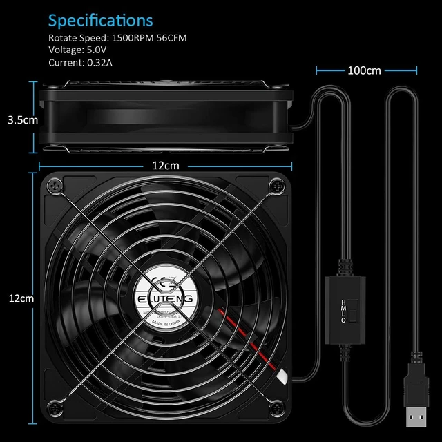 Alt view image 7 of 7 - ELUTENG Dual 120mm USB Fan with 3 Speeds 5V Ventilator Fan Portable Cooling Fan Rechargeable Compatible for Laptop Receiver DVR Playstation Xbox Desk Computer Cabinet Cooling