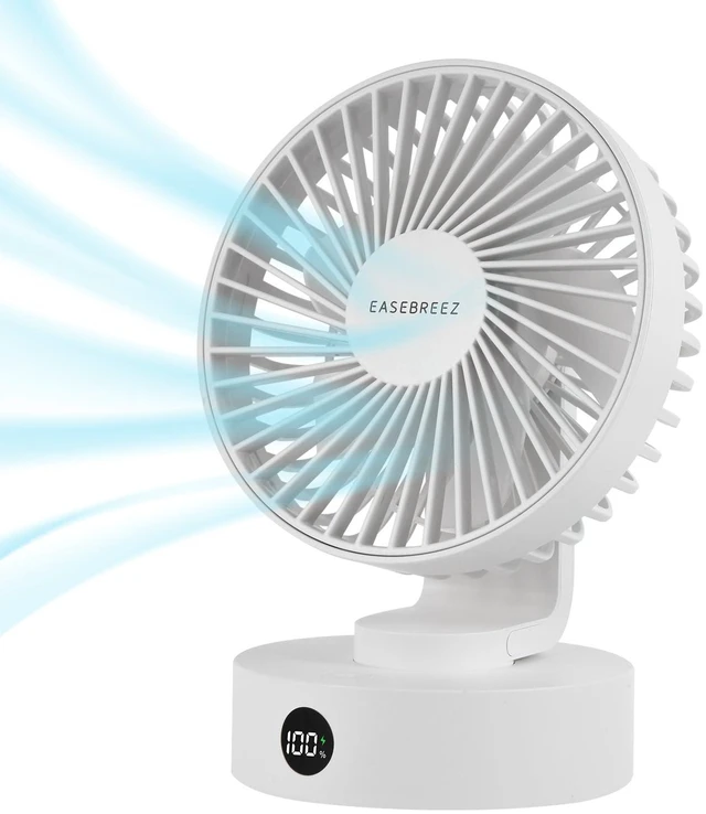 Main image of EASEBREEZ Desk Fan, Quiet USB Small Table Fan, Lightweight Adjustable Tilt | 5 speed settings, charge level display, small footprint, powered via USB for desktop use, white