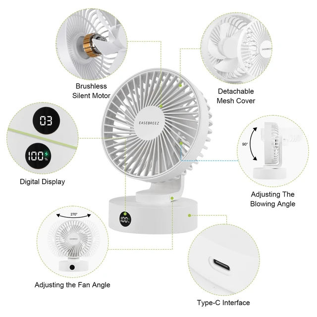 Alt view image 2 of 7 - EASEBREEZ Desk Fan, Quiet USB Small Table Fan, Lightweight Adjustable Tilt | 5 speed settings, charge level display, small footprint, powered via USB for desktop use, white