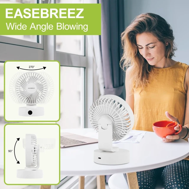Alt view image 4 of 7 - EASEBREEZ Desk Fan, Quiet USB Small Table Fan, Lightweight Adjustable Tilt | 5 speed settings, charge level display, small footprint, powered via USB for desktop use, white