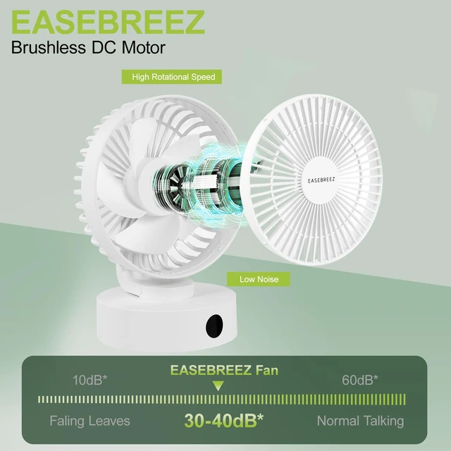 Alt view image 5 of 7 - EASEBREEZ Desk Fan, Quiet USB Small Table Fan, Lightweight Adjustable Tilt | 5 speed settings, charge level display, small footprint, powered via USB for desktop use, white