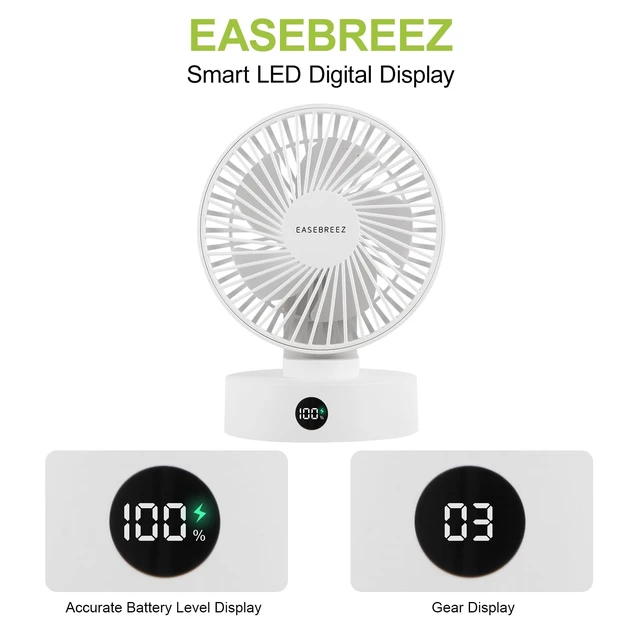 Alt view image 6 of 7 - EASEBREEZ Desk Fan, Quiet USB Small Table Fan, Lightweight Adjustable Tilt | 5 speed settings, charge level display, small footprint, powered via USB for desktop use, white
