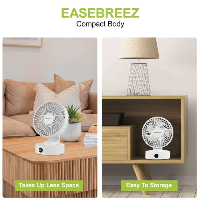 Alt view image 7 of 7 - EASEBREEZ Desk Fan, Quiet USB Small Table Fan, Lightweight Adjustable Tilt | 5 speed settings, charge level display, small footprint, powered via USB for desktop use, white