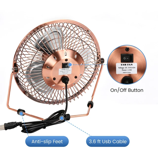 Alt view image 5 of 7 - Fanspex 6" Small USB Desk Fan for Home Office Bedroom Desktop, Bronze | Metal Construction with 360° Adjust Tilt, 1800 RPM Fan Speed