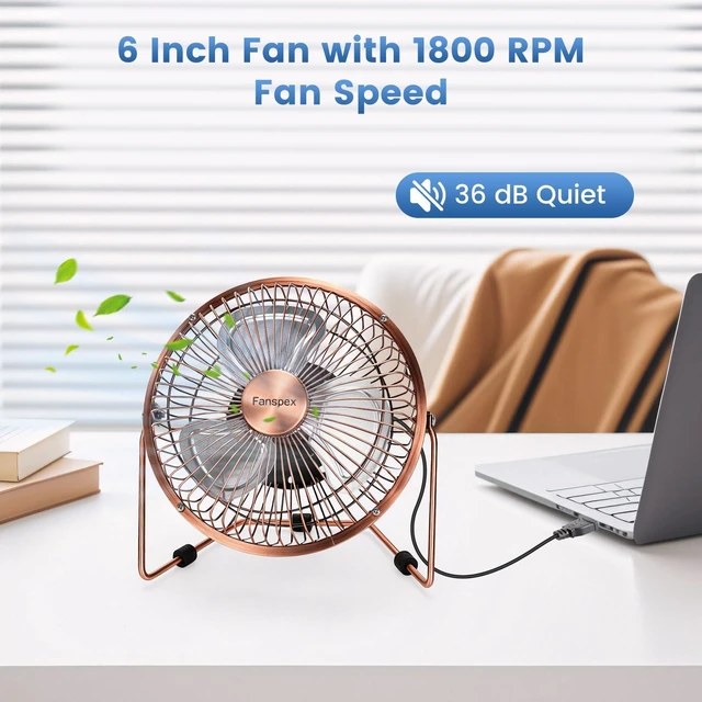 Alt view image 7 of 7 - Fanspex 6" Small USB Desk Fan for Home Office Bedroom Desktop, Bronze | Metal Construction with 360° Adjust Tilt, 1800 RPM Fan Speed