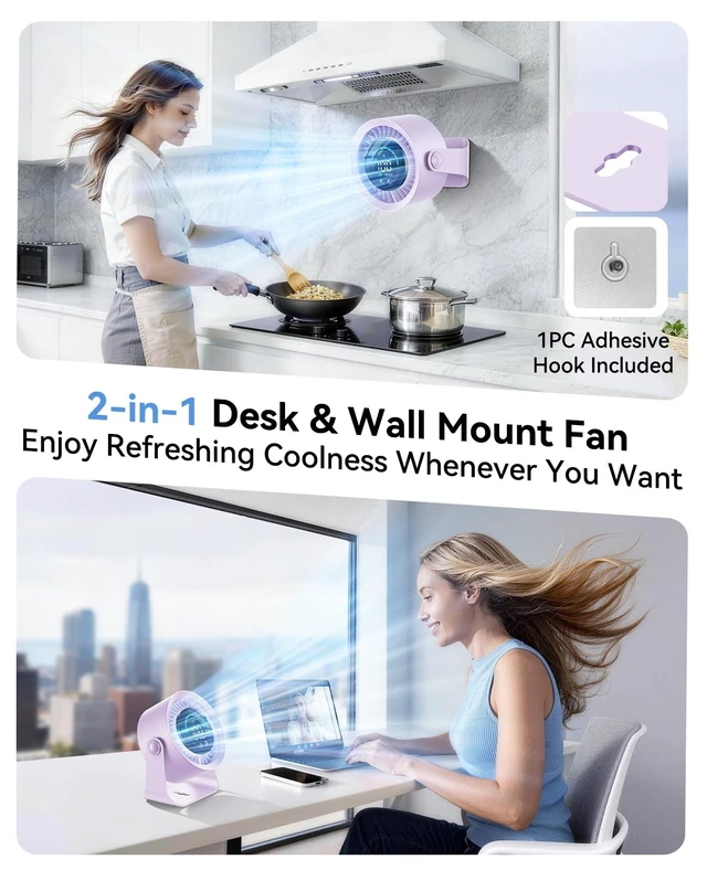 Alt view image 2 of 7 - DIGIX Portable Desk Fan, 100 Speeds, 360° Rotation, USB Rechargeable | Quiet LED Display Table Fan with Wall Mount Design. Small Personal Cooling Fans for Home, Bedroom, Office & Travel, Purple