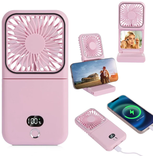 Main image of Suxaca Portable Handheld Fan, USB Rechargeable Mini Fan with Adjustable Speeds, 6 in 1 as Power Bank,Phone Holder,Handheld Fan,Desk Fan, Outdoor, Makeup, Camping, Office, Summer Essential Gift(pink)