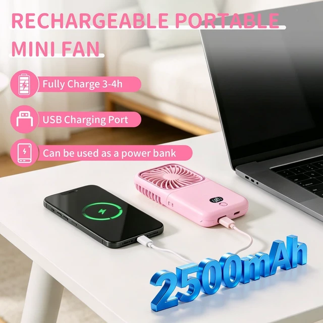 Alt view image 4 of 7 - Suxaca Portable Handheld Fan, USB Rechargeable Mini Fan with Adjustable Speeds, 6 in 1 as Power Bank,Phone Holder,Handheld Fan,Desk Fan, Outdoor, Makeup, Camping, Office, Summer Essential Gift(pink)