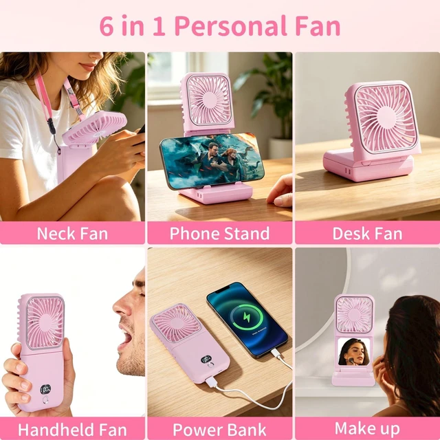 Alt view image 6 of 7 - Suxaca Portable Handheld Fan, USB Rechargeable Mini Fan with Adjustable Speeds, 6 in 1 as Power Bank,Phone Holder,Handheld Fan,Desk Fan, Outdoor, Makeup, Camping, Office, Summer Essential Gift(pink)