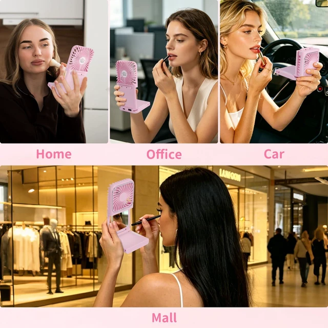 Alt view image 7 of 7 - Suxaca Portable Handheld Fan, USB Rechargeable Mini Fan with Adjustable Speeds, 6 in 1 as Power Bank,Phone Holder,Handheld Fan,Desk Fan, Outdoor, Makeup, Camping, Office, Summer Essential Gift(pink)