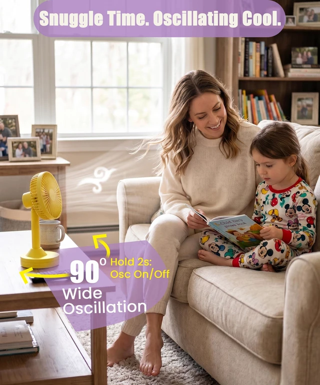 Alt view image 2 of 7 - DYEWEAVE Cute Small Rechargeable 90° Oscillating Desk Fan, 25dB Ultra-Quiet | 4.5H Battery Desktop Fan for Office, Home&Camping, 4 Speeds&Natural, 60° Tilting Head Table Air Circulator Fan (Yellow)